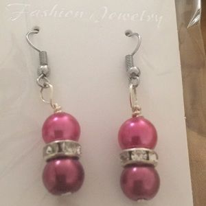 Fish hook earrings Hot pink & red faux pearl beads